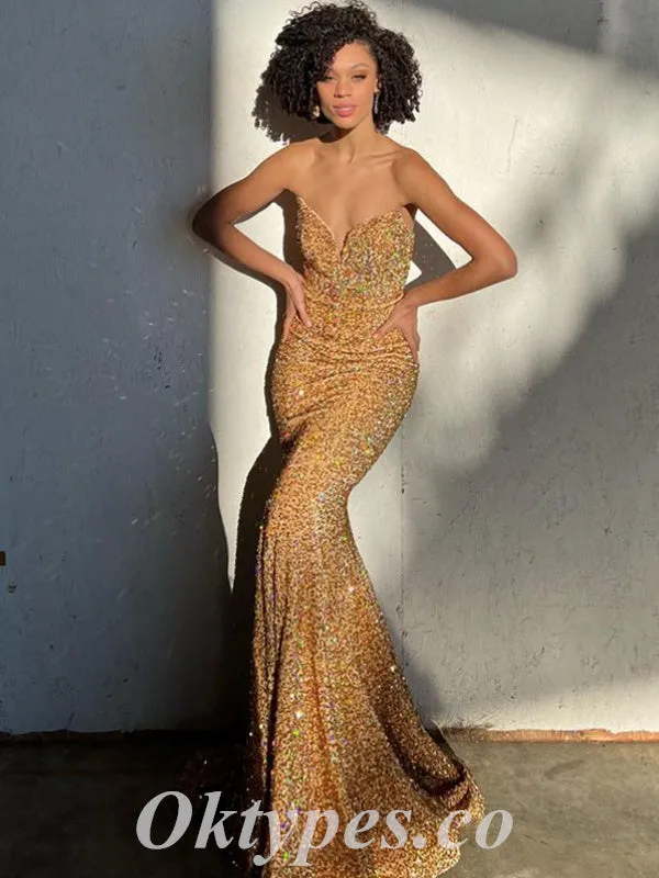Sexy Shiny Sequin Sweetheart V-Neck Sleeveless Mermaid Long Prom Dresses,PDS0667