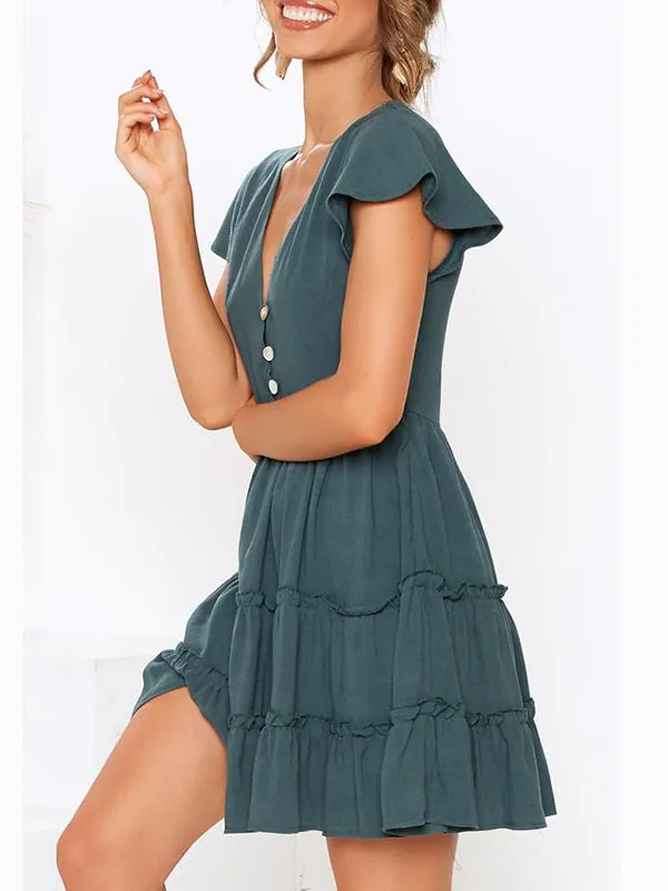 Sexy V-neck Button Pleated Solid Color Dress