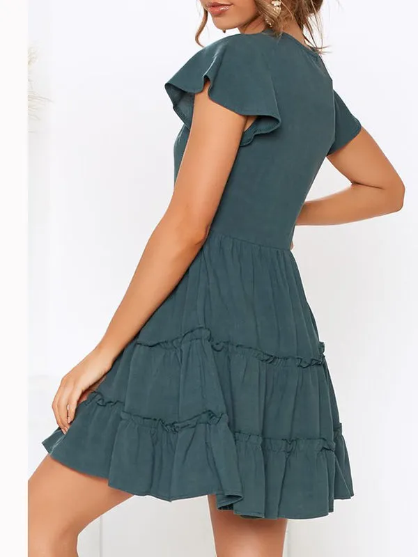 Sexy V-neck Button Pleated Solid Color Dress