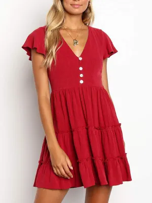 Sexy V-neck Button Pleated Solid Color Dress