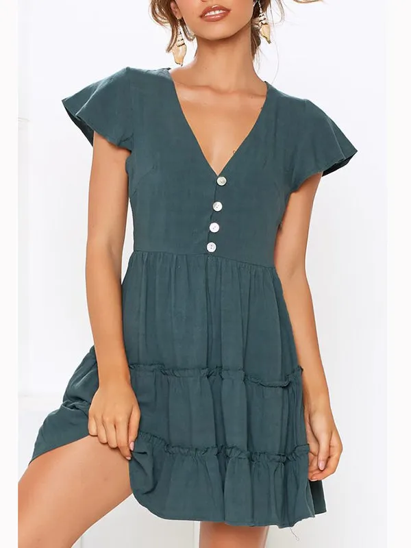 Sexy V-neck Button Pleated Solid Color Dress