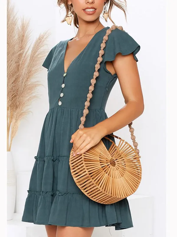 Sexy V-neck Button Pleated Solid Color Dress