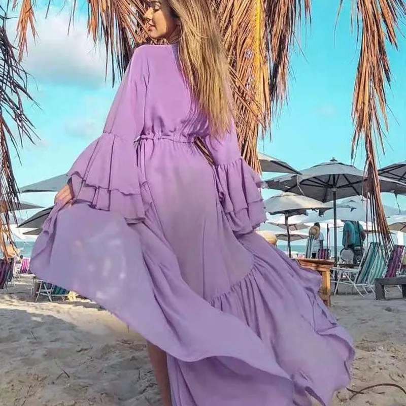 Sexy White Beach Dress Casual Chiffon Flare Sleeve Tunic Summer Elegant Women Plus Size Beachwear Trumpet / Mermaid Dresses A911
