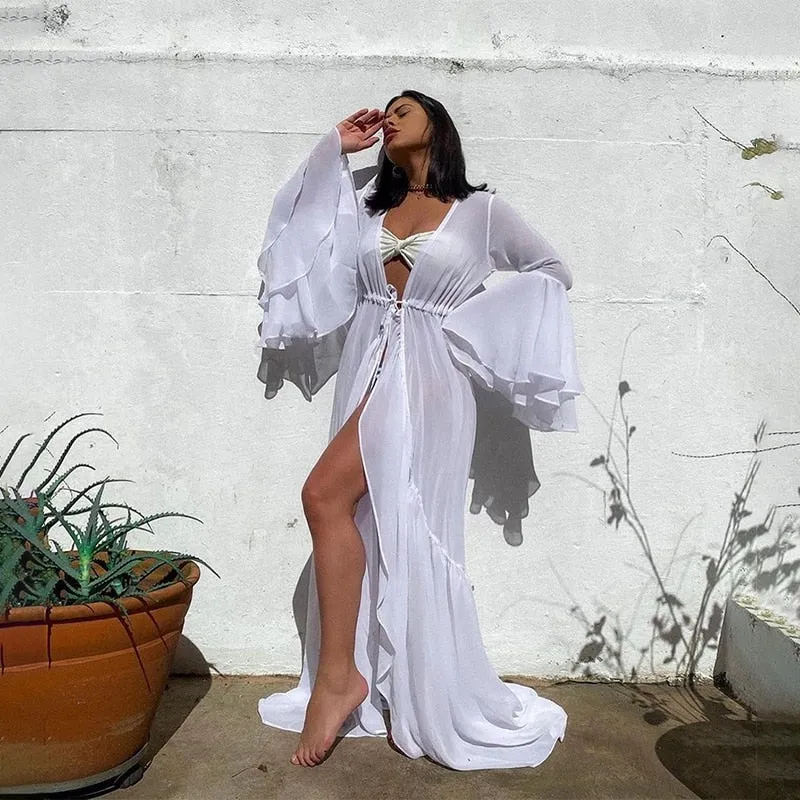 Sexy White Beach Dress Casual Chiffon Flare Sleeve Tunic Summer Elegant Women Plus Size Beachwear Trumpet / Mermaid Dresses A911