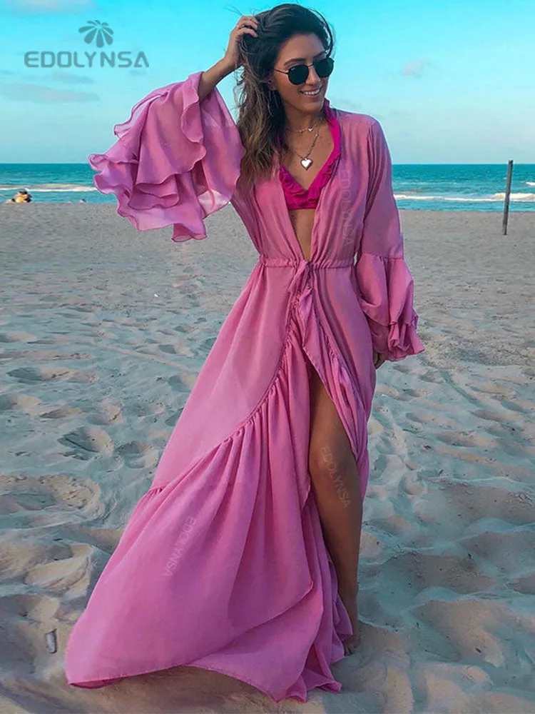 Sexy White Beach Dress Casual Chiffon Flare Sleeve Tunic Summer Elegant Women Plus Size Beachwear Trumpet / Mermaid Dresses A911