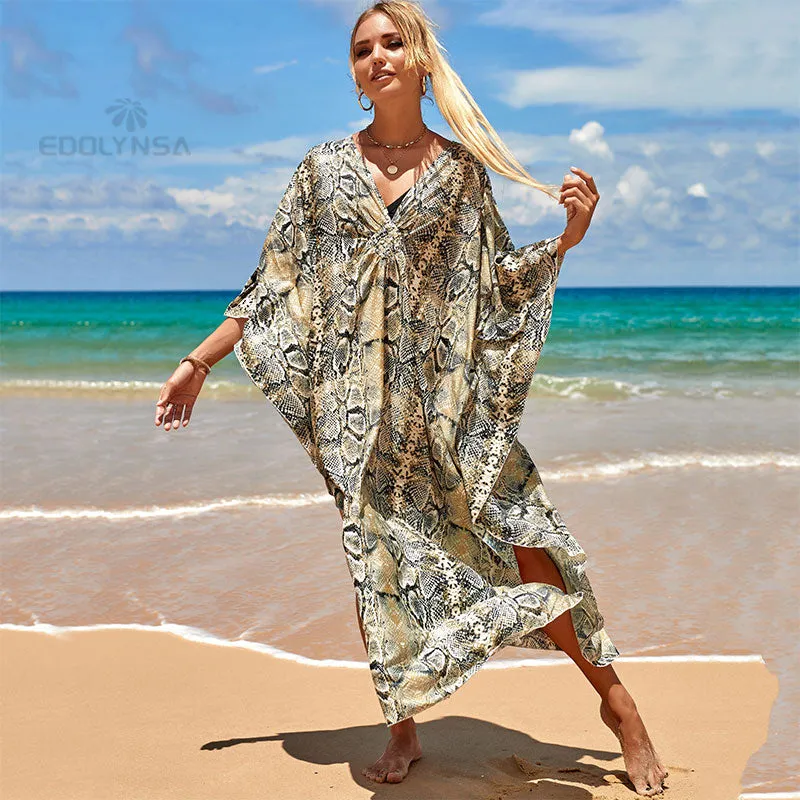 Sexy Zebra Striped Beach Dreen Casual V-Neck Side Split Summer Batwing Sleeve Beach Dress Women Beach Long Robe De Plage Q1297