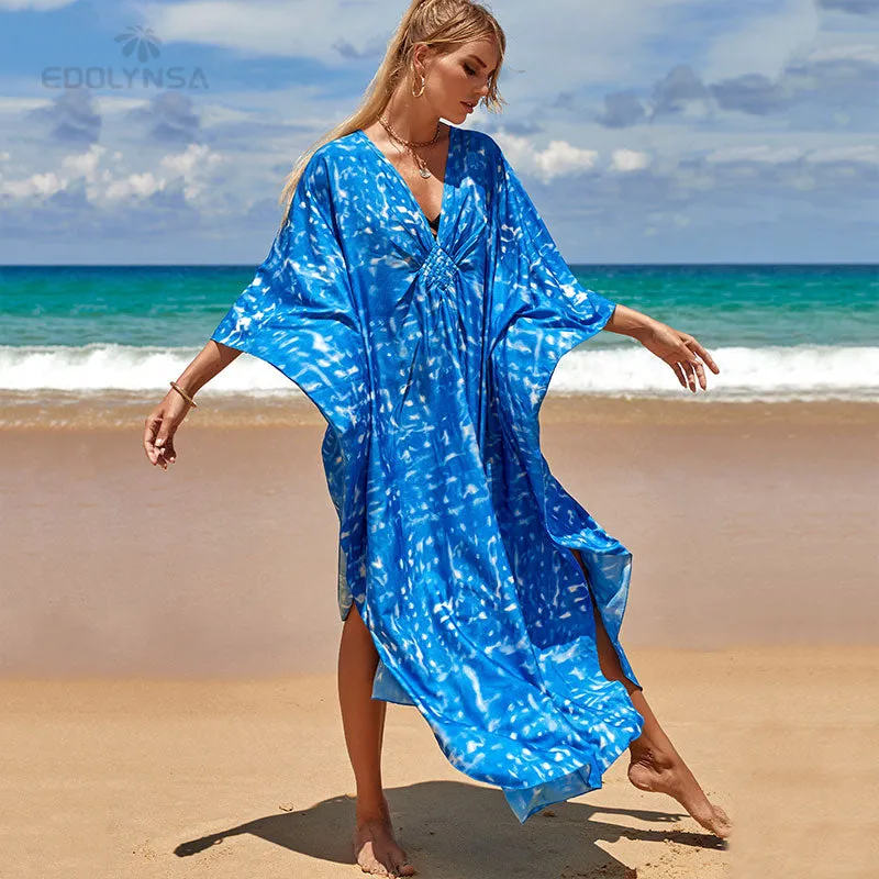 Sexy Zebra Striped Beach Dreen Casual V-Neck Side Split Summer Batwing Sleeve Beach Dress Women Beach Long Robe De Plage Q1297