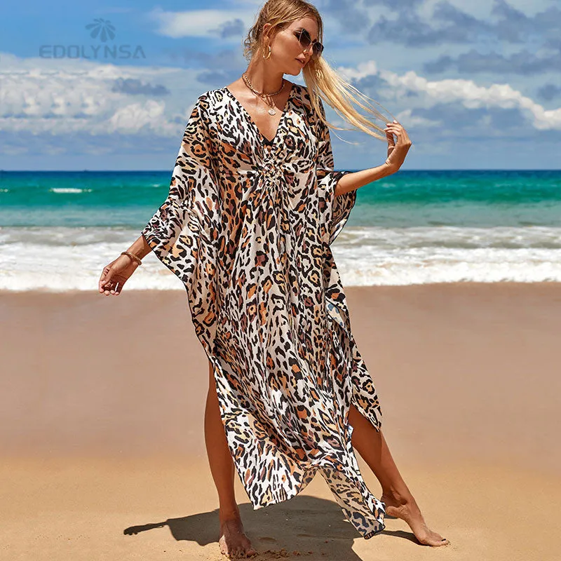 Sexy Zebra Striped Beach Dreen Casual V-Neck Side Split Summer Batwing Sleeve Beach Dress Women Beach Long Robe De Plage Q1297
