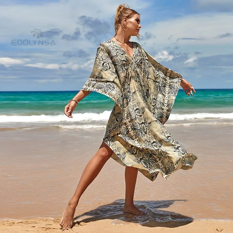 Sexy Zebra Striped Beach Dreen Casual V-Neck Side Split Summer Batwing Sleeve Beach Dress Women Beach Long Robe De Plage Q1297