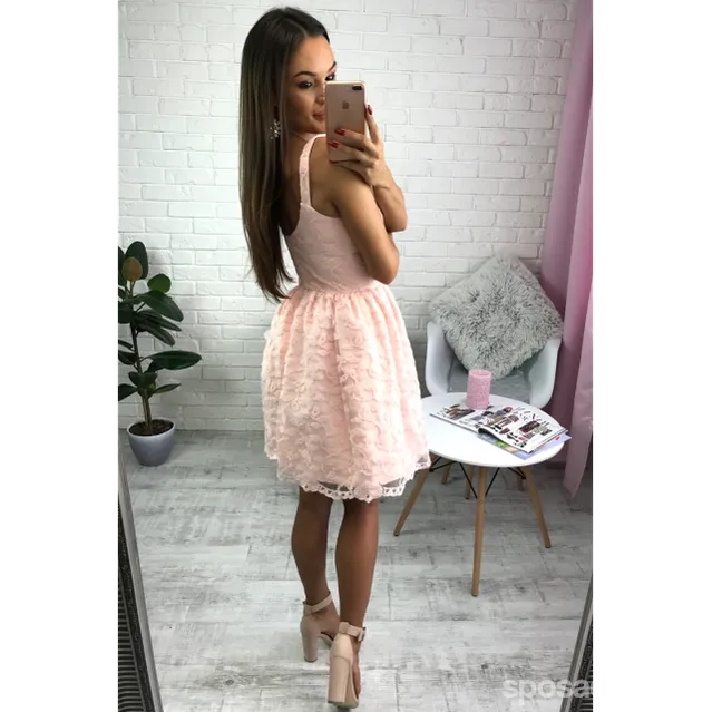 Short Cheap Simple V Neck Blush Pink Lace Homecoming Dresses 2018, CM518