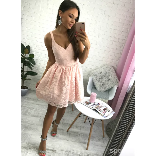 Short Cheap Simple V Neck Blush Pink Lace Homecoming Dresses 2018, CM518
