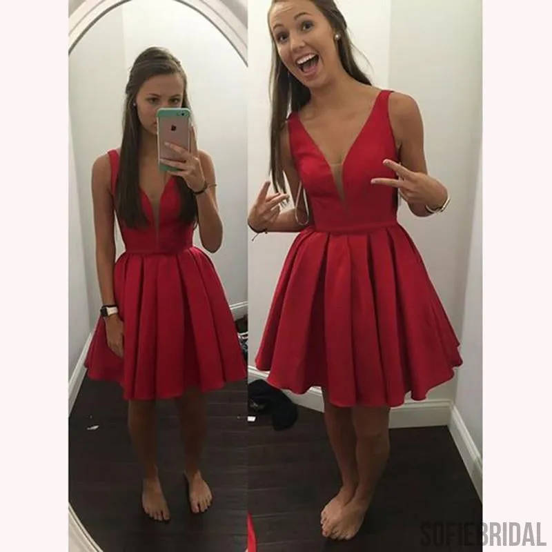 Short Cheap V Neck Simple Red Homecoming Dresses Under 100, CM462