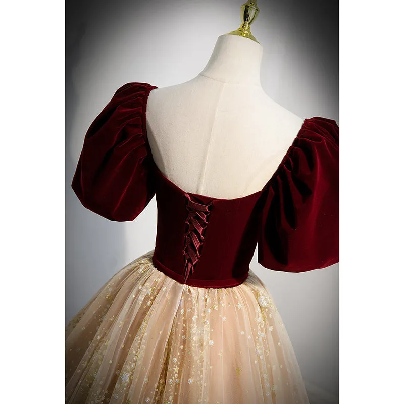 Short Sleeves Burgundy Velvet and Champagne Tulle Formal Gown