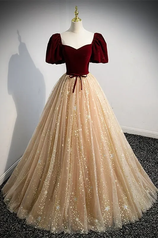 Short Sleeves Burgundy Velvet and Champagne Tulle Formal Gown