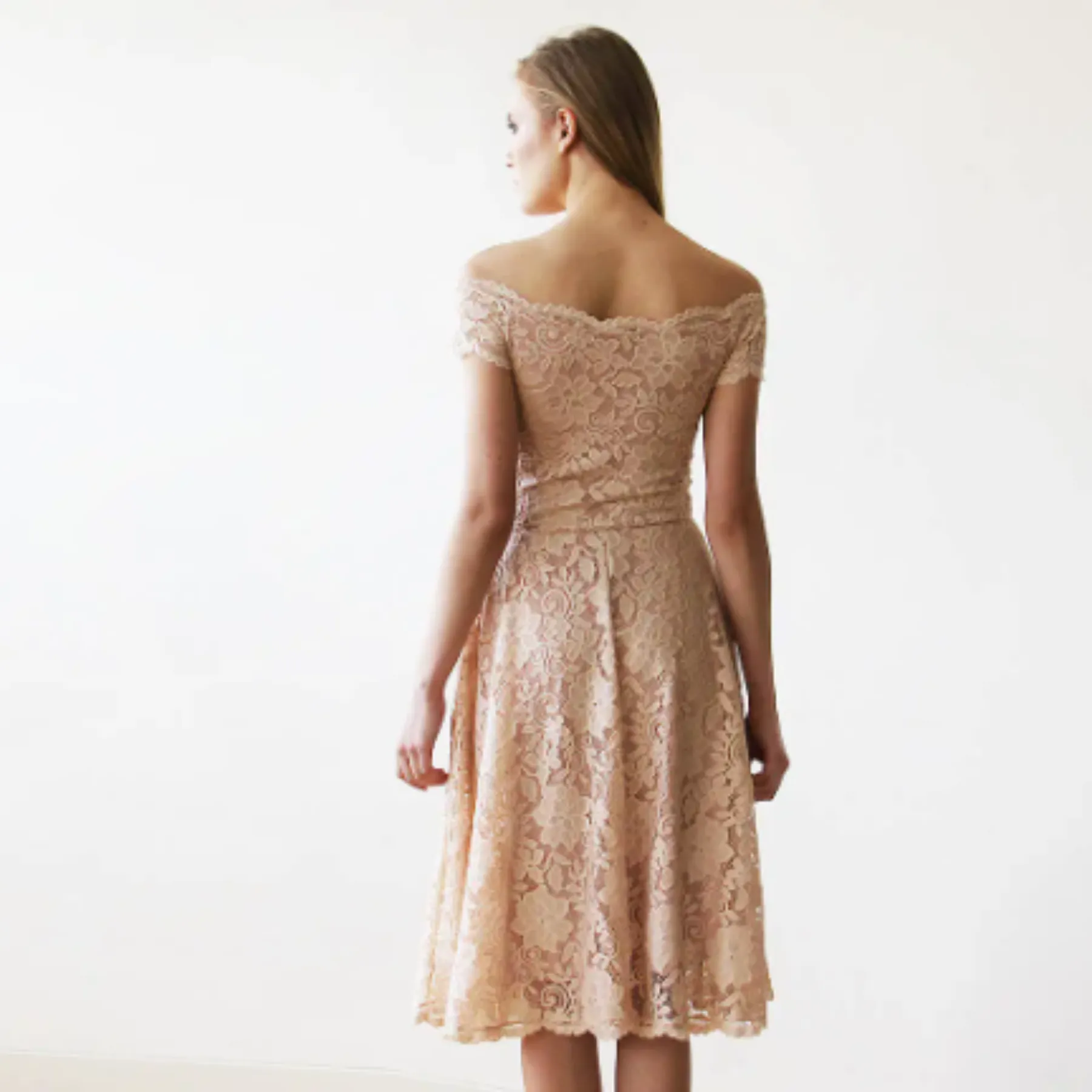 Short wedding dress, Blush Pink Off-The-Shoulder Midi Dress #1158