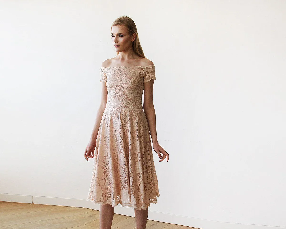 Short wedding dress, Blush Pink Off-The-Shoulder Midi Dress #1158