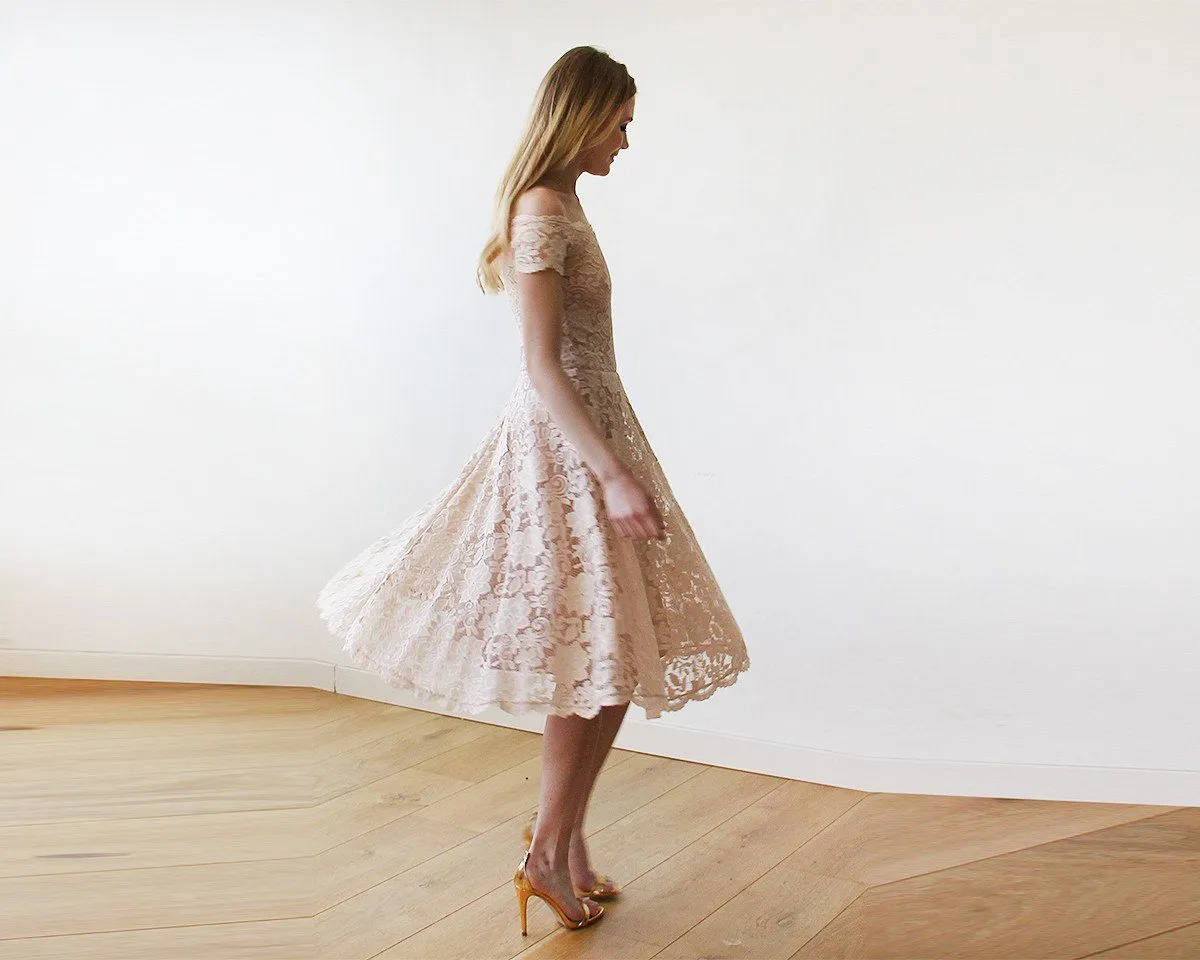 Short wedding dress, Blush Pink Off-The-Shoulder Midi Dress #1158