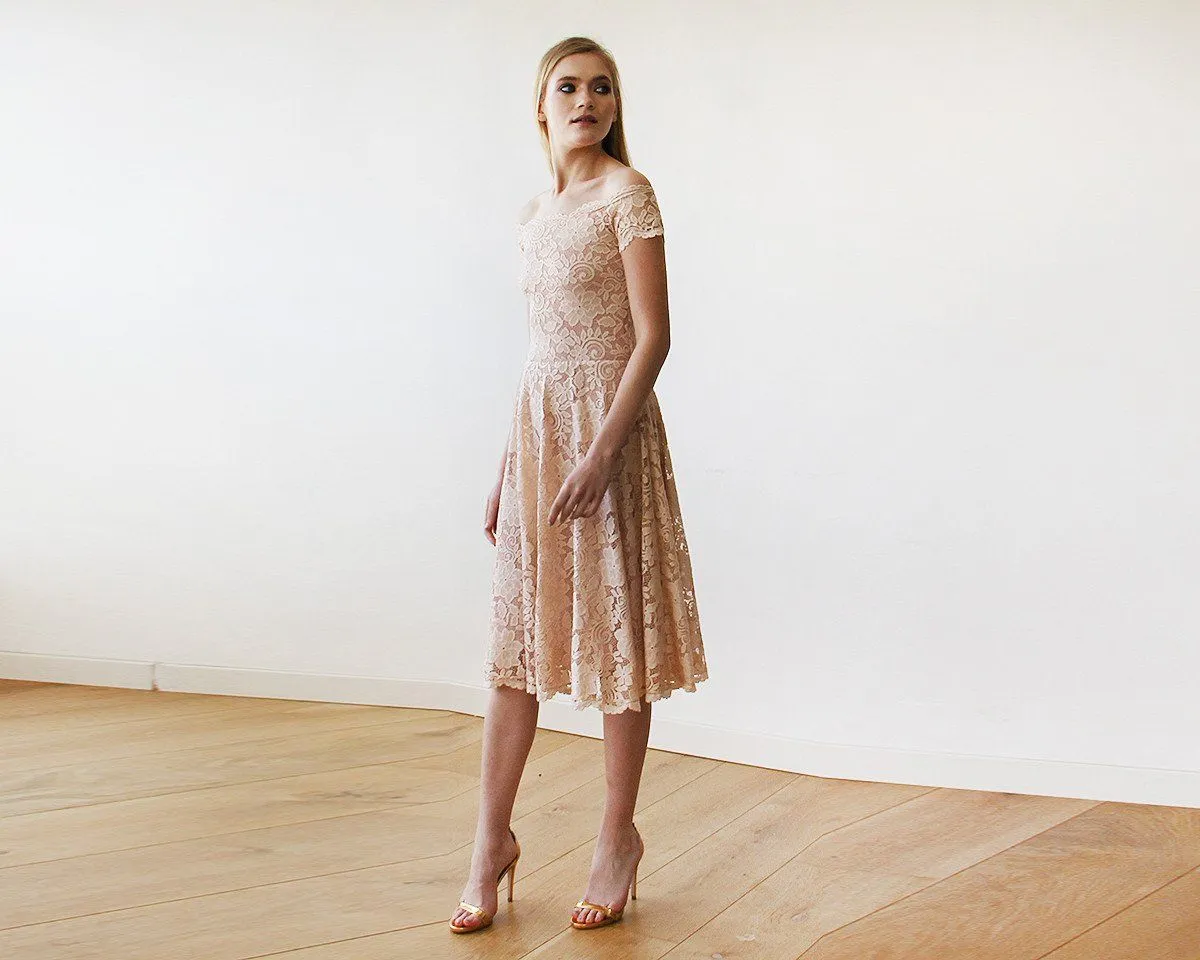 Short wedding dress, Blush Pink Off-The-Shoulder Midi Dress #1158