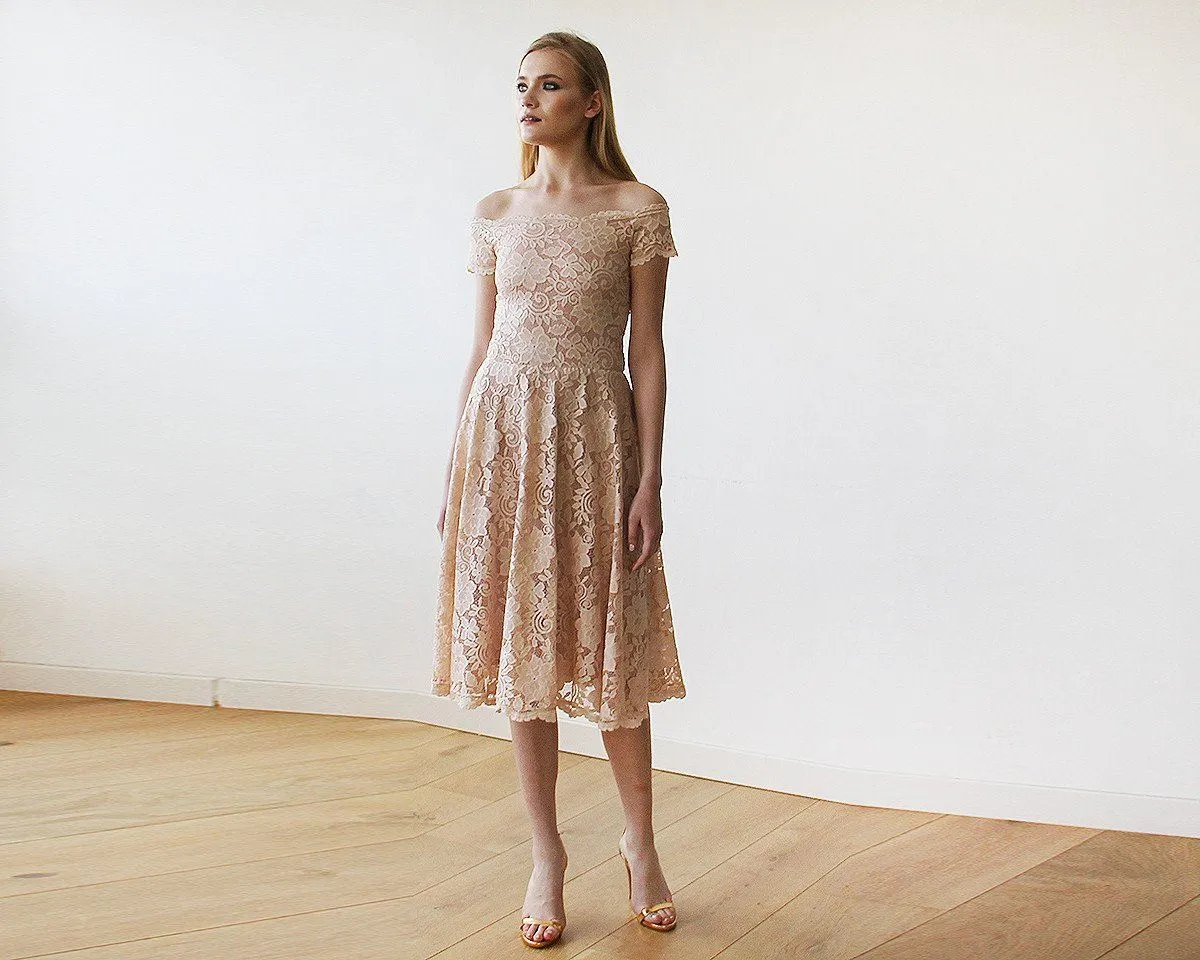 Short wedding dress, Blush Pink Off-The-Shoulder Midi Dress #1158