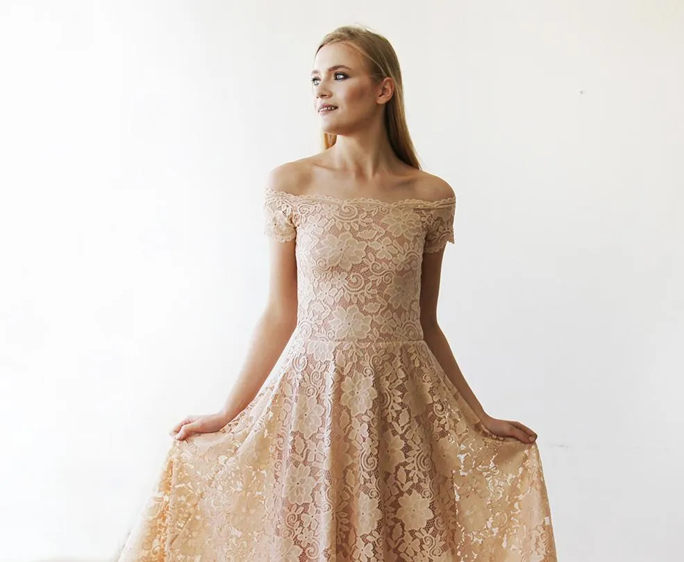 Short wedding dress, Blush Pink Off-The-Shoulder Midi Dress #1158