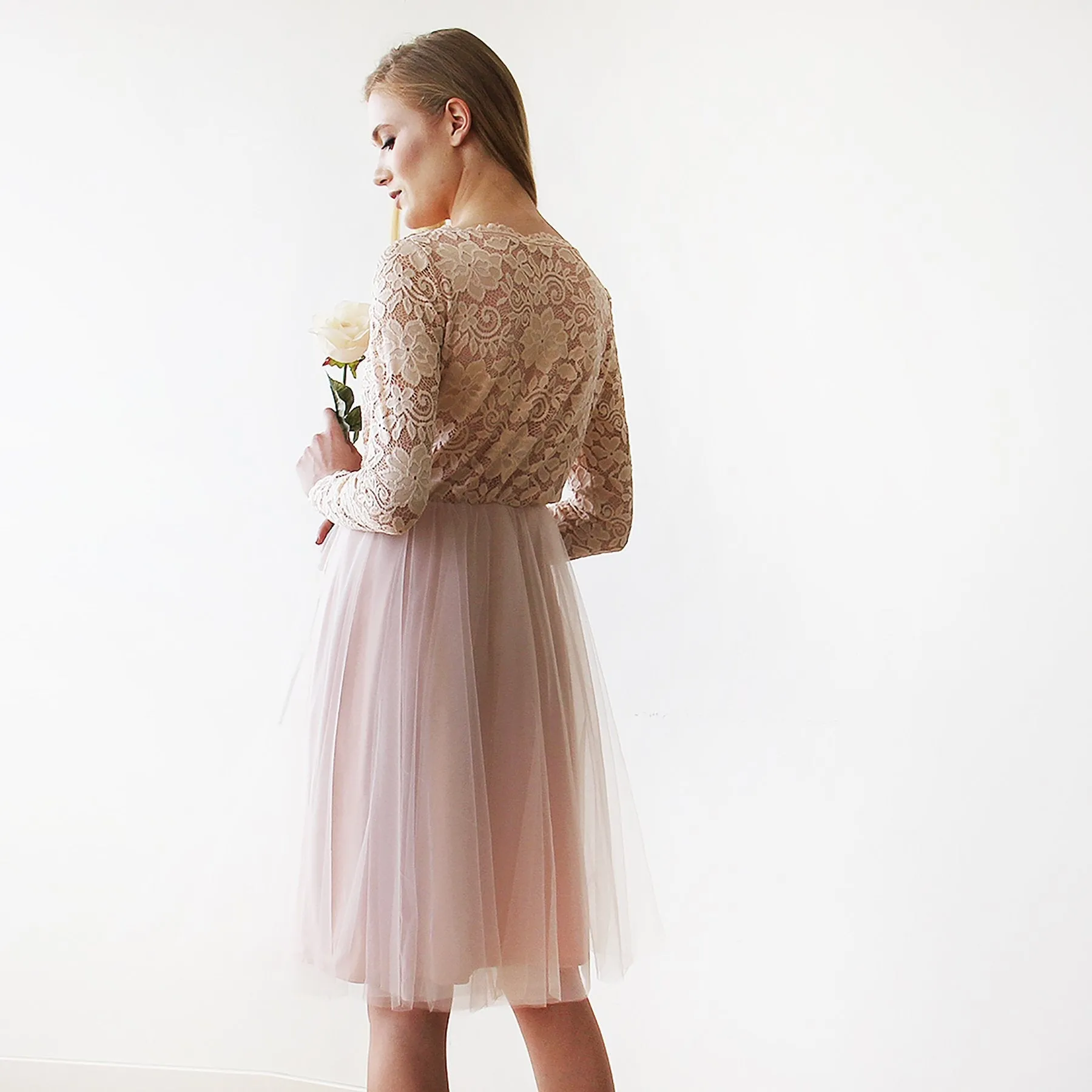 Short wedding dress ,Blush Pink Tulle & Lace Midi Long Sleeves Dress #1144