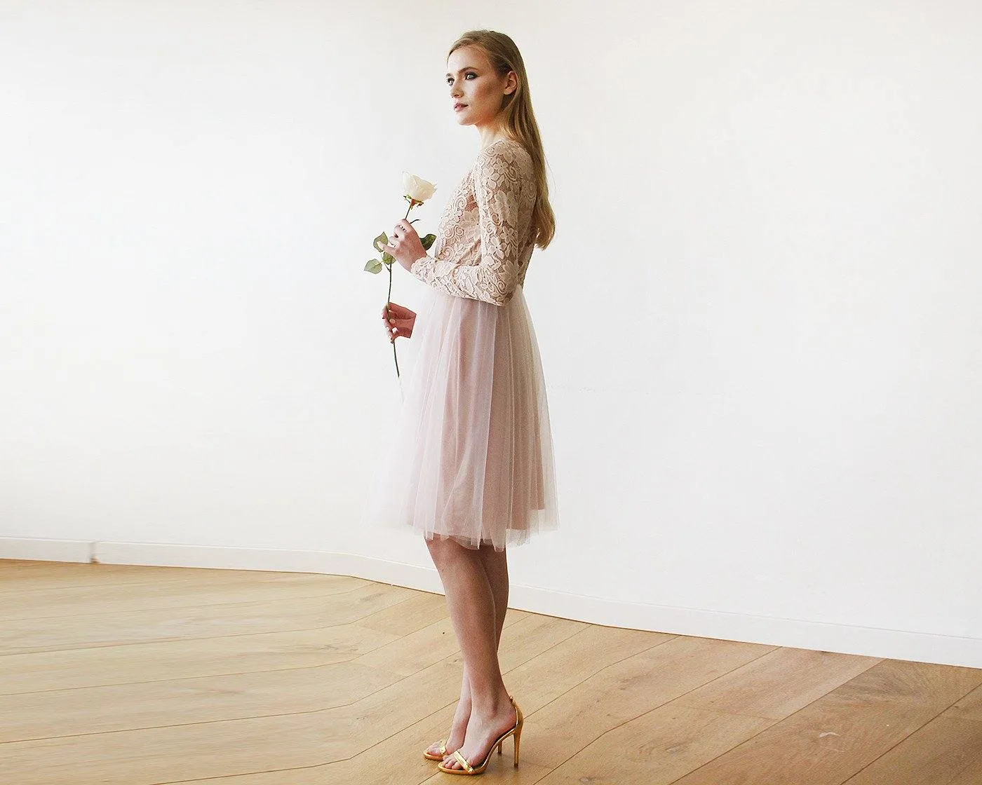 Short wedding dress ,Blush Pink Tulle & Lace Midi Long Sleeves Dress #1144