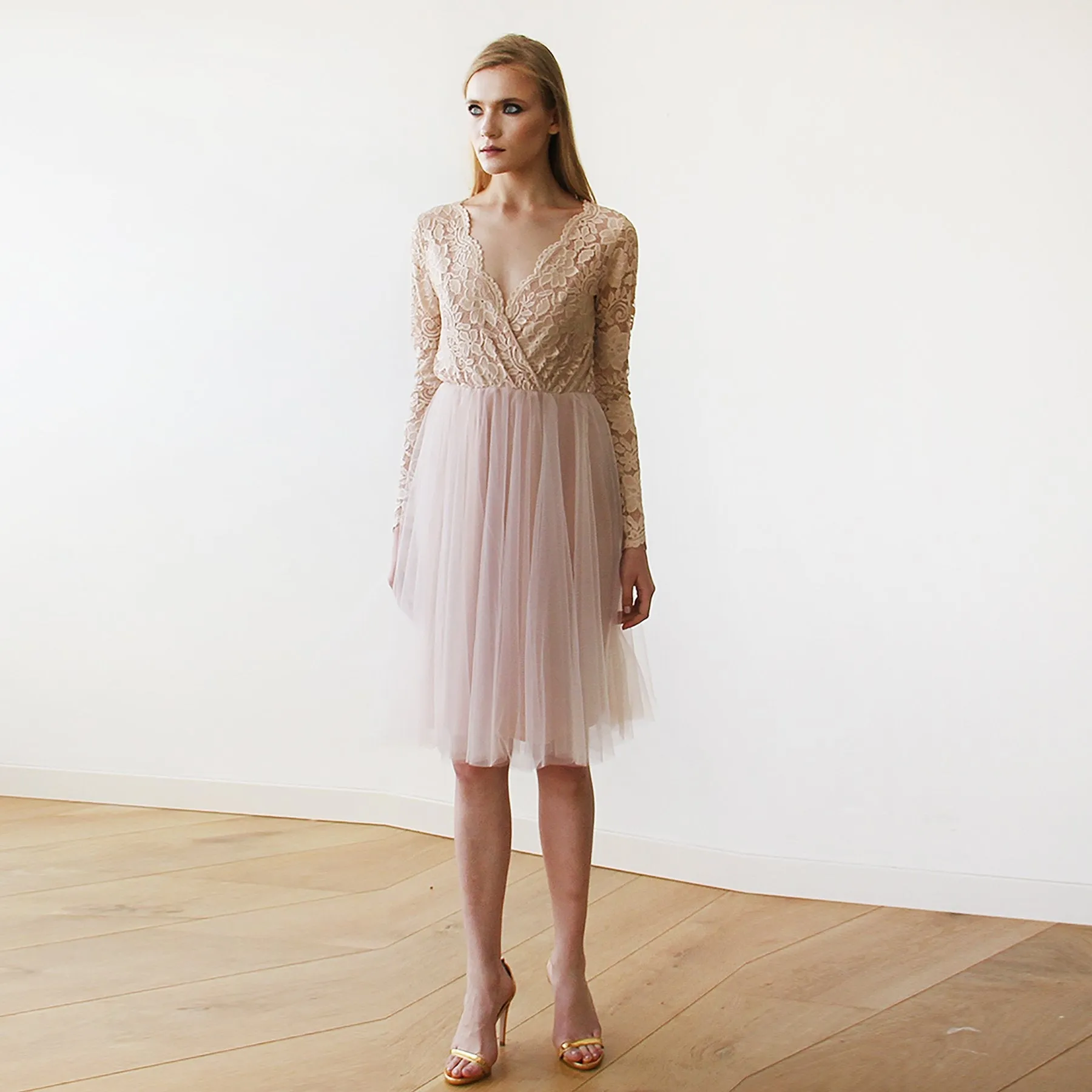 Short wedding dress ,Blush Pink Tulle & Lace Midi Long Sleeves Dress #1144