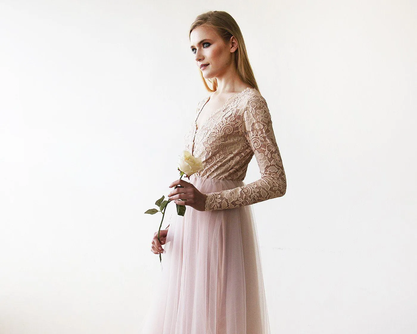 Short wedding dress ,Blush Pink Tulle & Lace Midi Long Sleeves Dress #1144