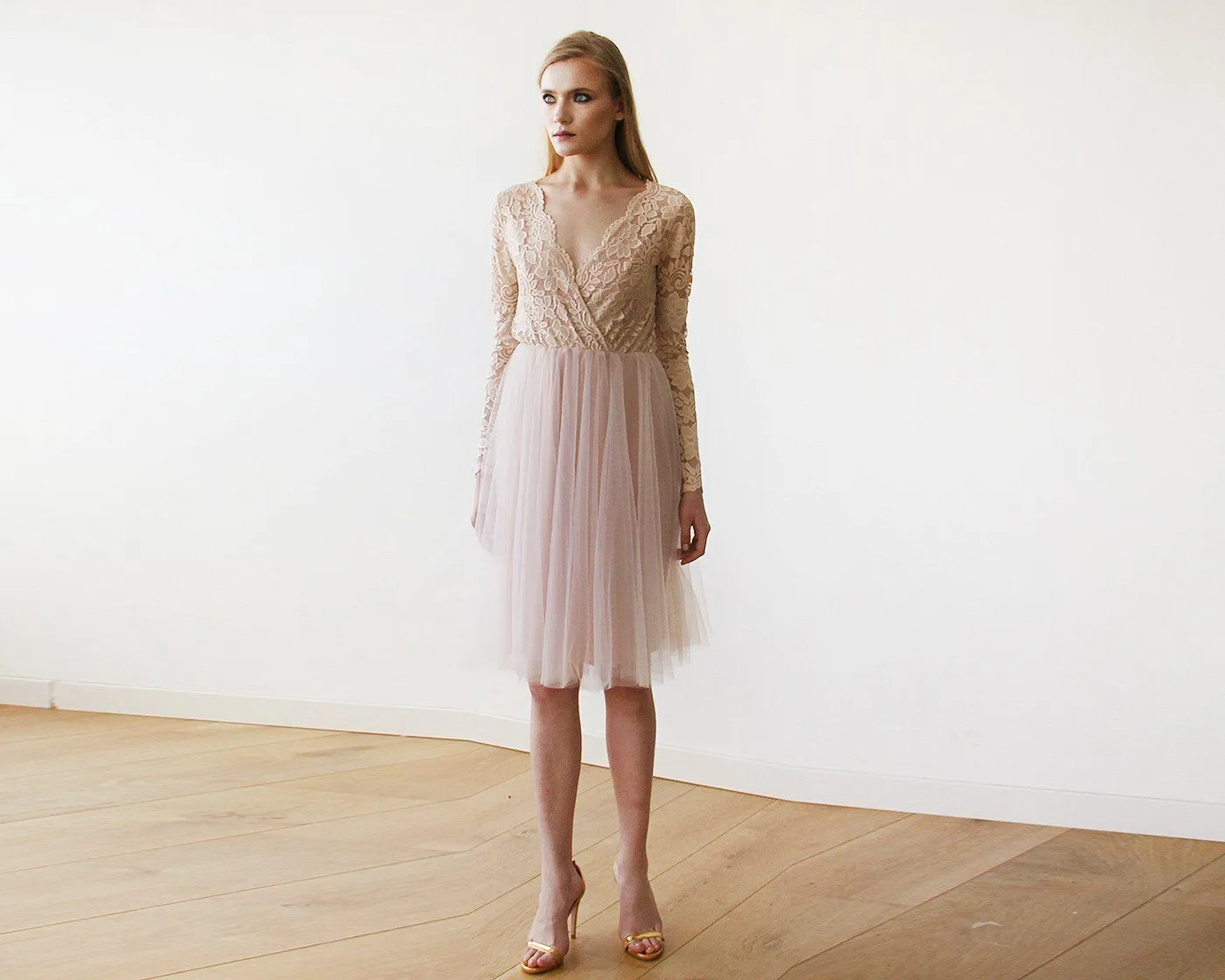 Short wedding dress ,Blush Pink Tulle & Lace Midi Long Sleeves Dress #1144
