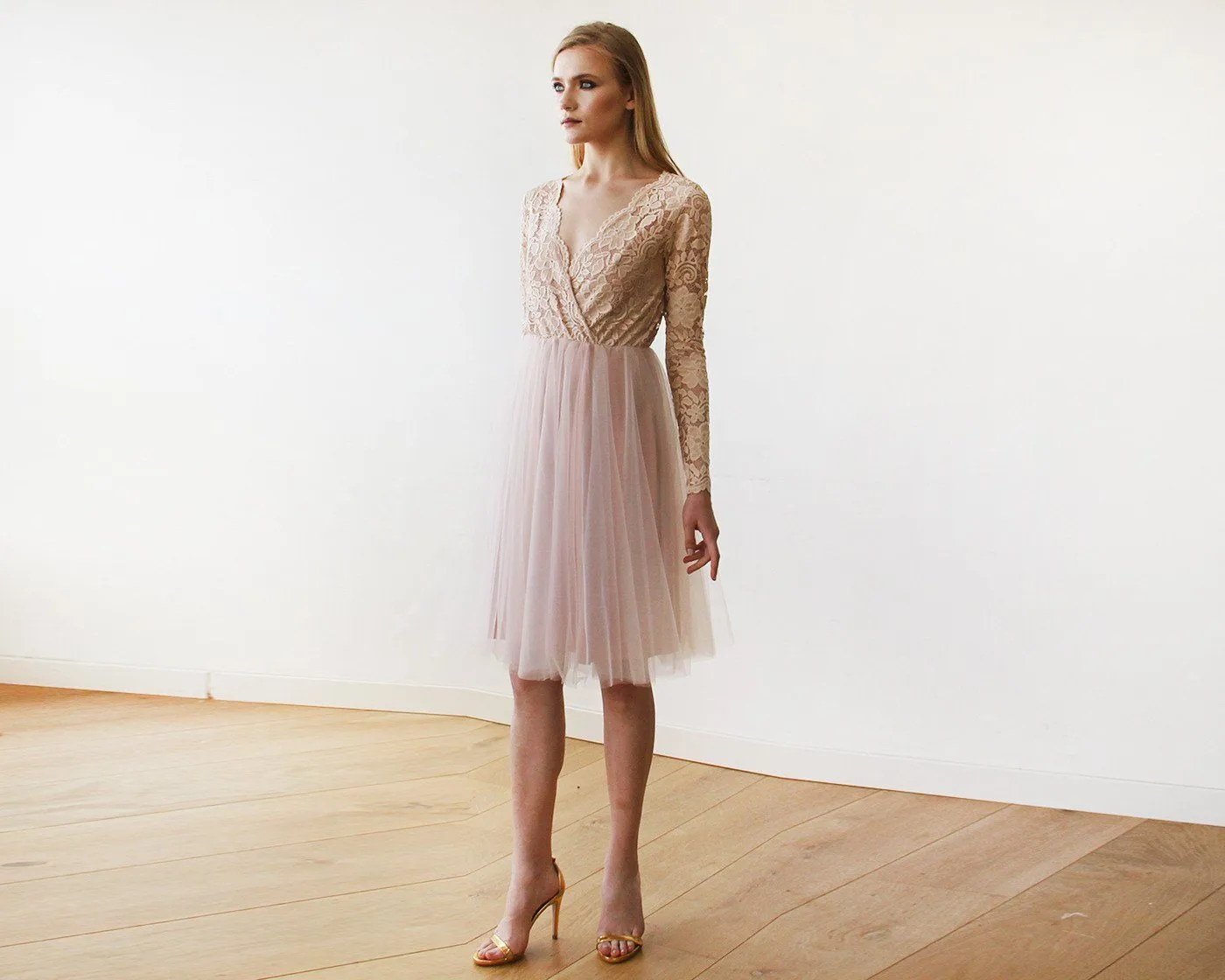 Short wedding dress ,Blush Pink Tulle & Lace Midi Long Sleeves Dress #1144