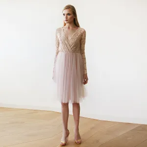 Short wedding dress ,Blush Pink Tulle & Lace Midi Long Sleeves Dress #1144