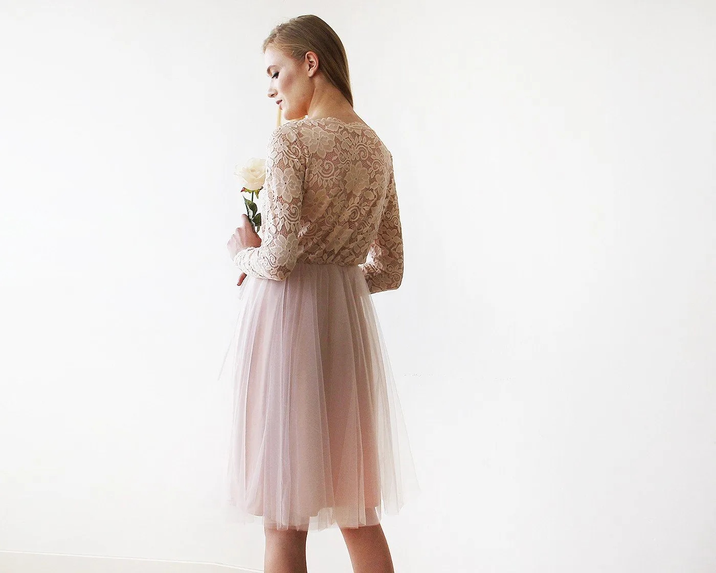 Short wedding dress ,Blush Pink Tulle & Lace Midi Long Sleeves Dress #1144
