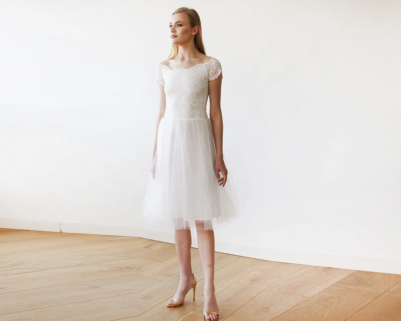 Short wedding dress ,Ivory Off-the-Shoulders Midi  Dress #1153