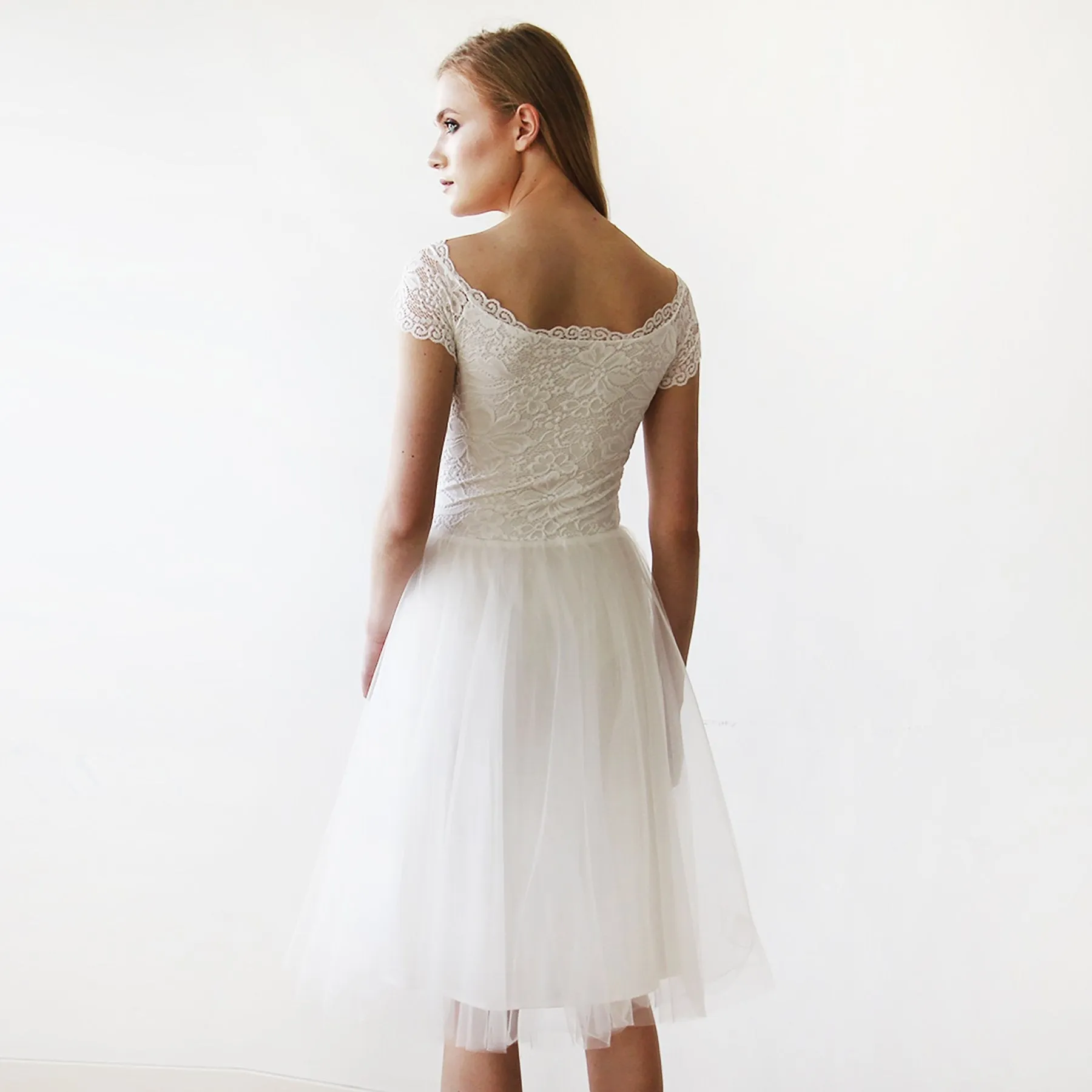 Short wedding dress ,Ivory Off-the-Shoulders Midi  Dress #1153