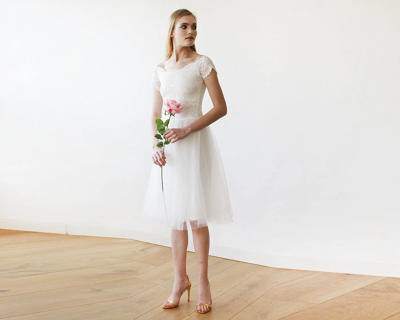 Short wedding dress ,Ivory Off-the-Shoulders Midi  Dress #1153