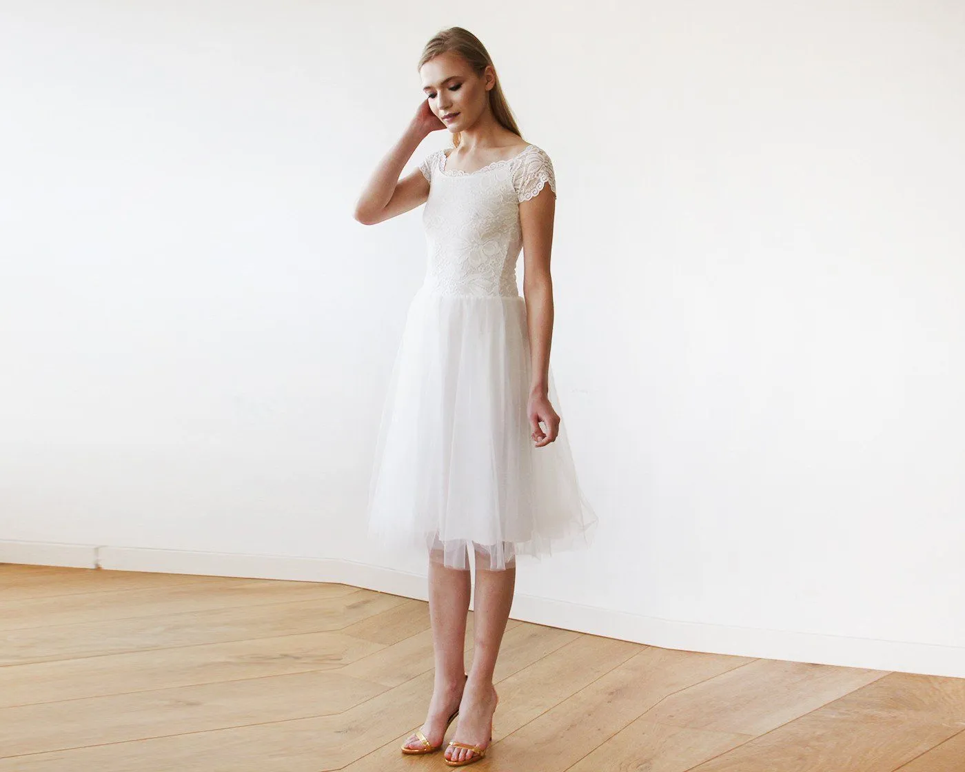 Short wedding dress ,Ivory Off-the-Shoulders Midi  Dress #1153