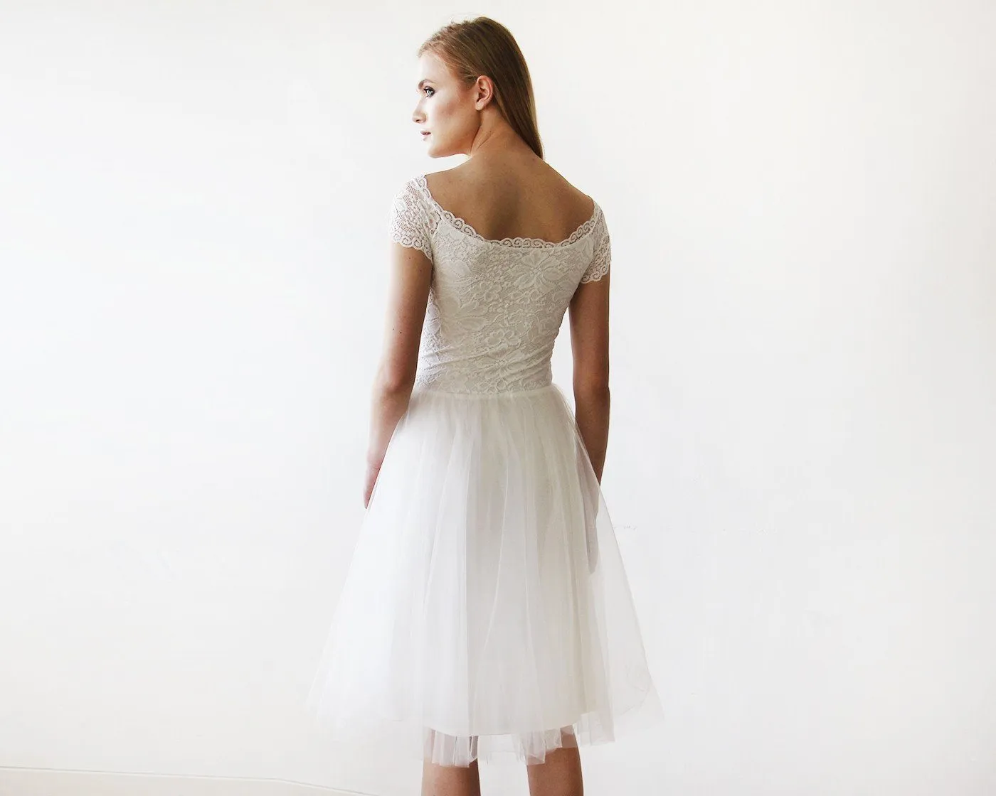 Short wedding dress ,Ivory Off-the-Shoulders Midi  Dress #1153