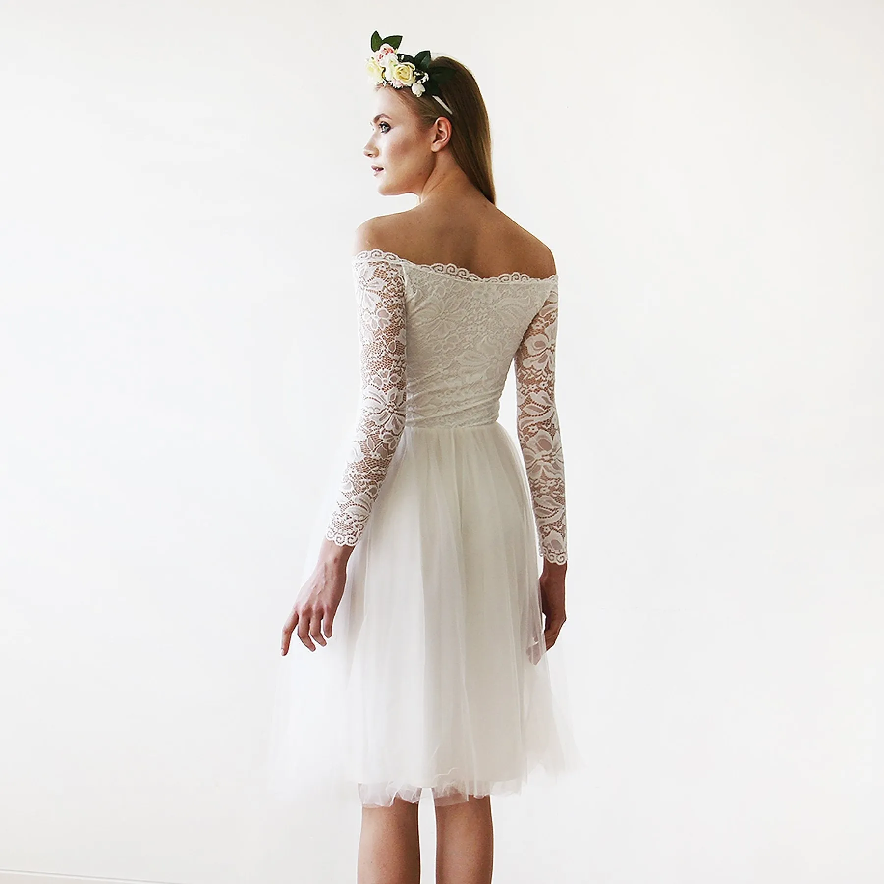 Short wedding dress ,Off-The-Shoulder  Lace and Tulle Midi Dress  #1156