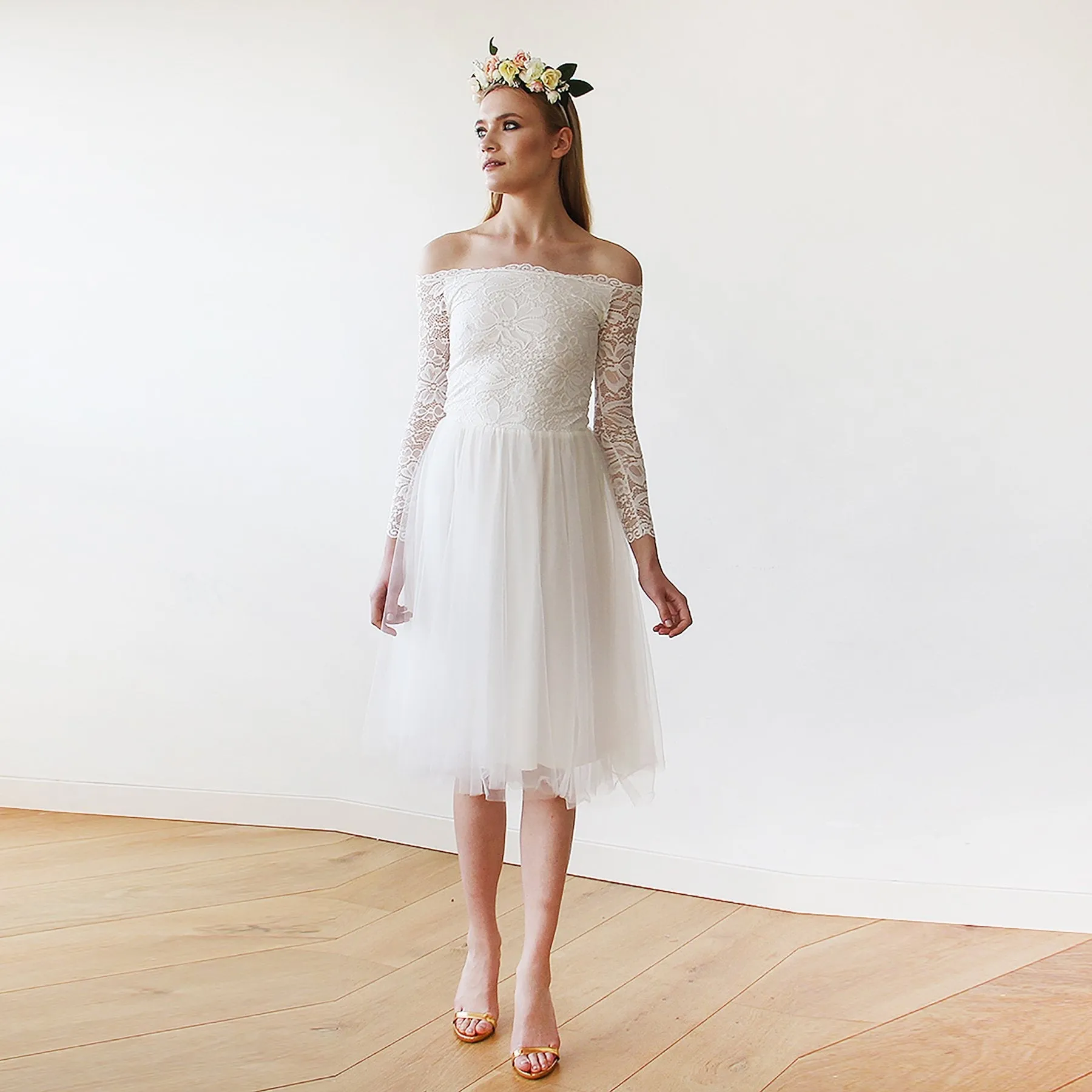 Short wedding dress ,Off-The-Shoulder  Lace and Tulle Midi Dress  #1156