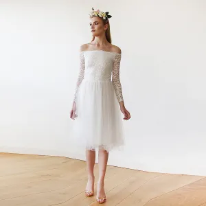 Short wedding dress ,Off-The-Shoulder  Lace and Tulle Midi Dress  #1156
