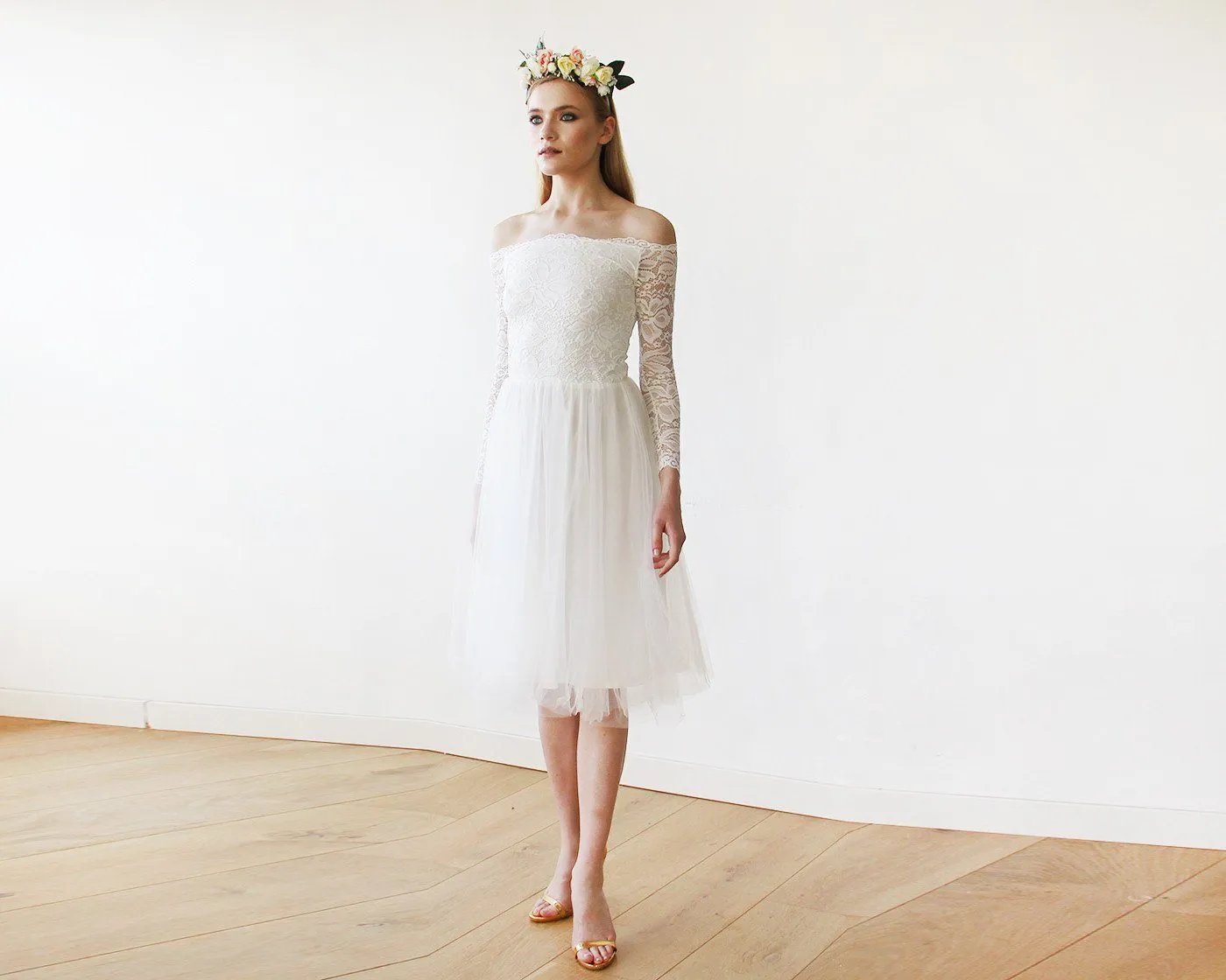 Short wedding dress ,Off-The-Shoulder  Lace and Tulle Midi Dress  #1156
