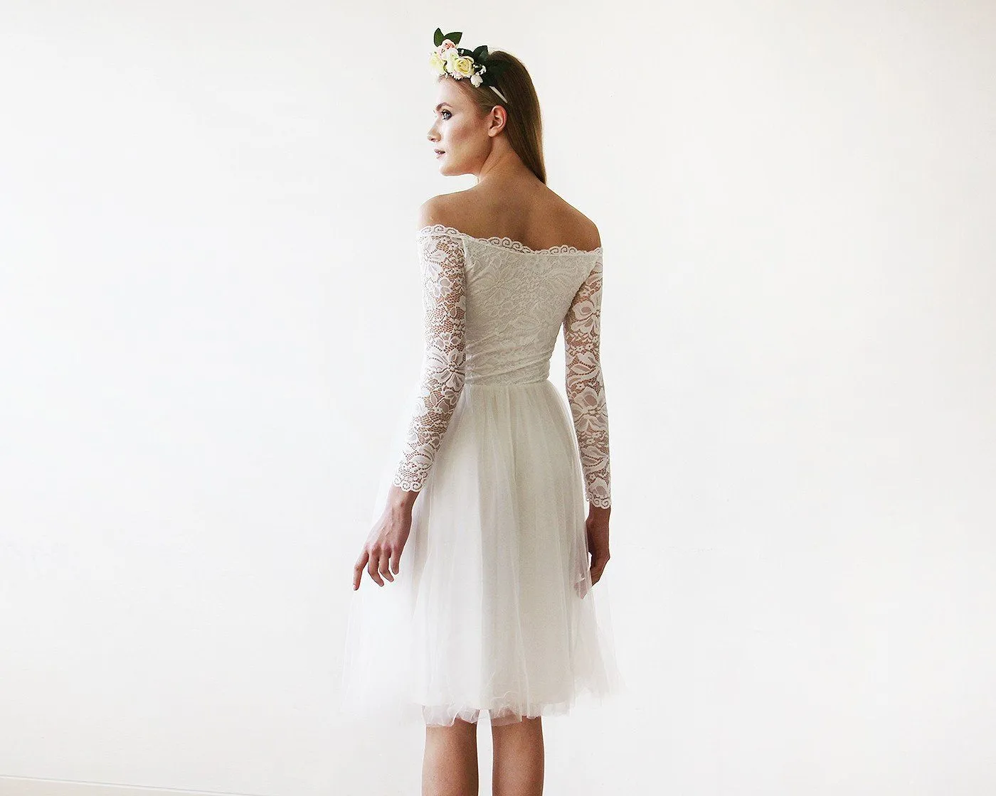Short wedding dress ,Off-The-Shoulder  Lace and Tulle Midi Dress  #1156