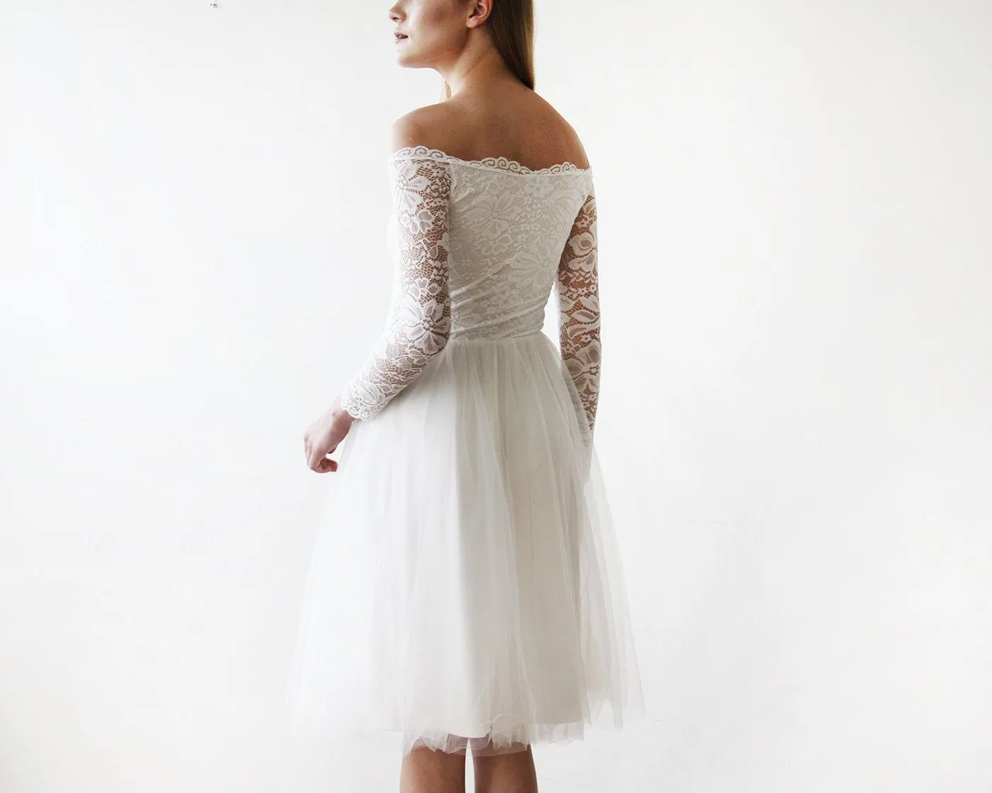 Short wedding dress ,Off-The-Shoulder  Lace and Tulle Midi Dress  #1156