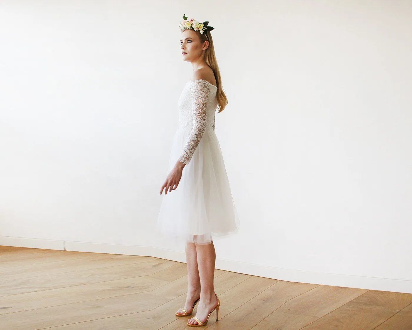 Short wedding dress ,Off-The-Shoulder  Lace and Tulle Midi Dress  #1156