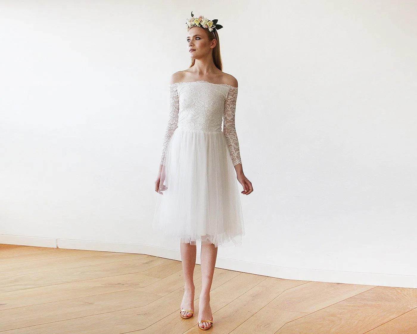 Short wedding dress ,Off-The-Shoulder  Lace and Tulle Midi Dress  #1156