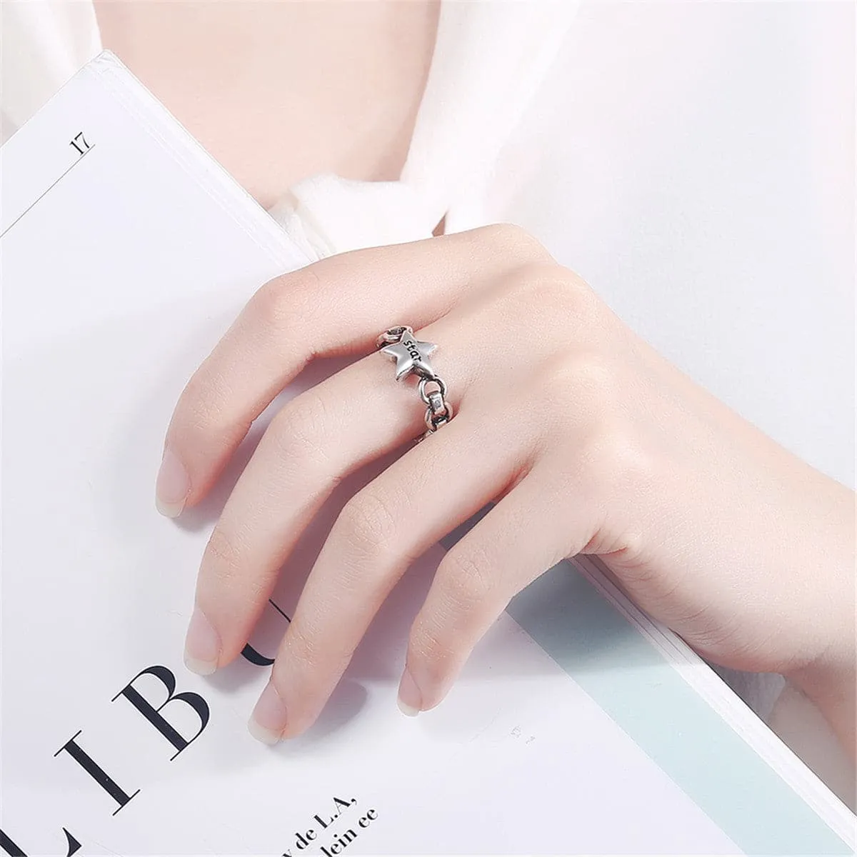 Silver-Plated 'Star' Chain Open Ring