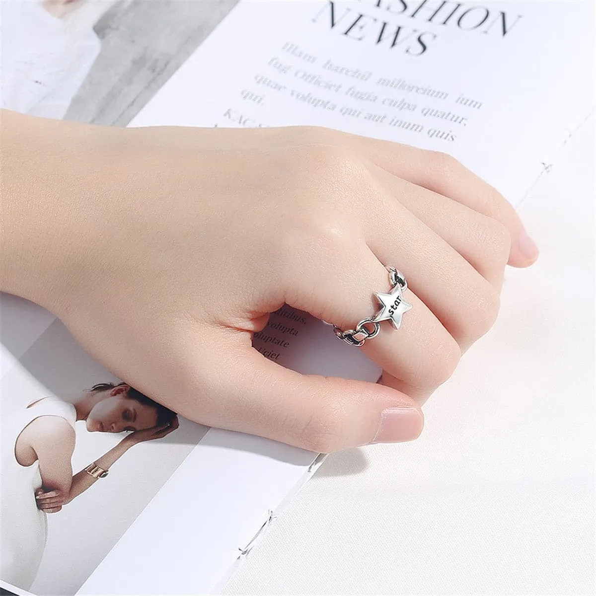 Silver-Plated 'Star' Chain Open Ring