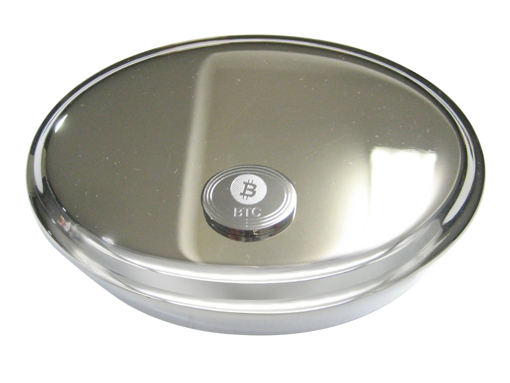 Silver Toned Oval Etched Bitcoin Coin Cryptocurrency Blockchain Oval Trinket Jewelry Box