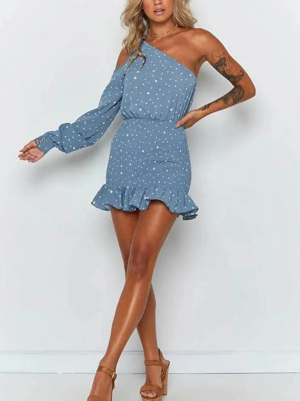 Slanted Collar Single-Sleeve Wooden Ear Polka Dot Dress