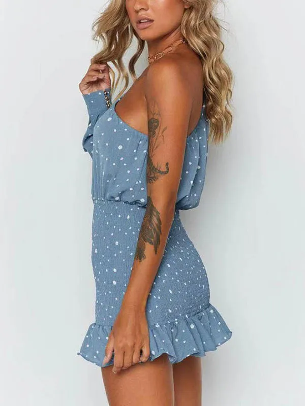 Slanted Collar Single-Sleeve Wooden Ear Polka Dot Dress